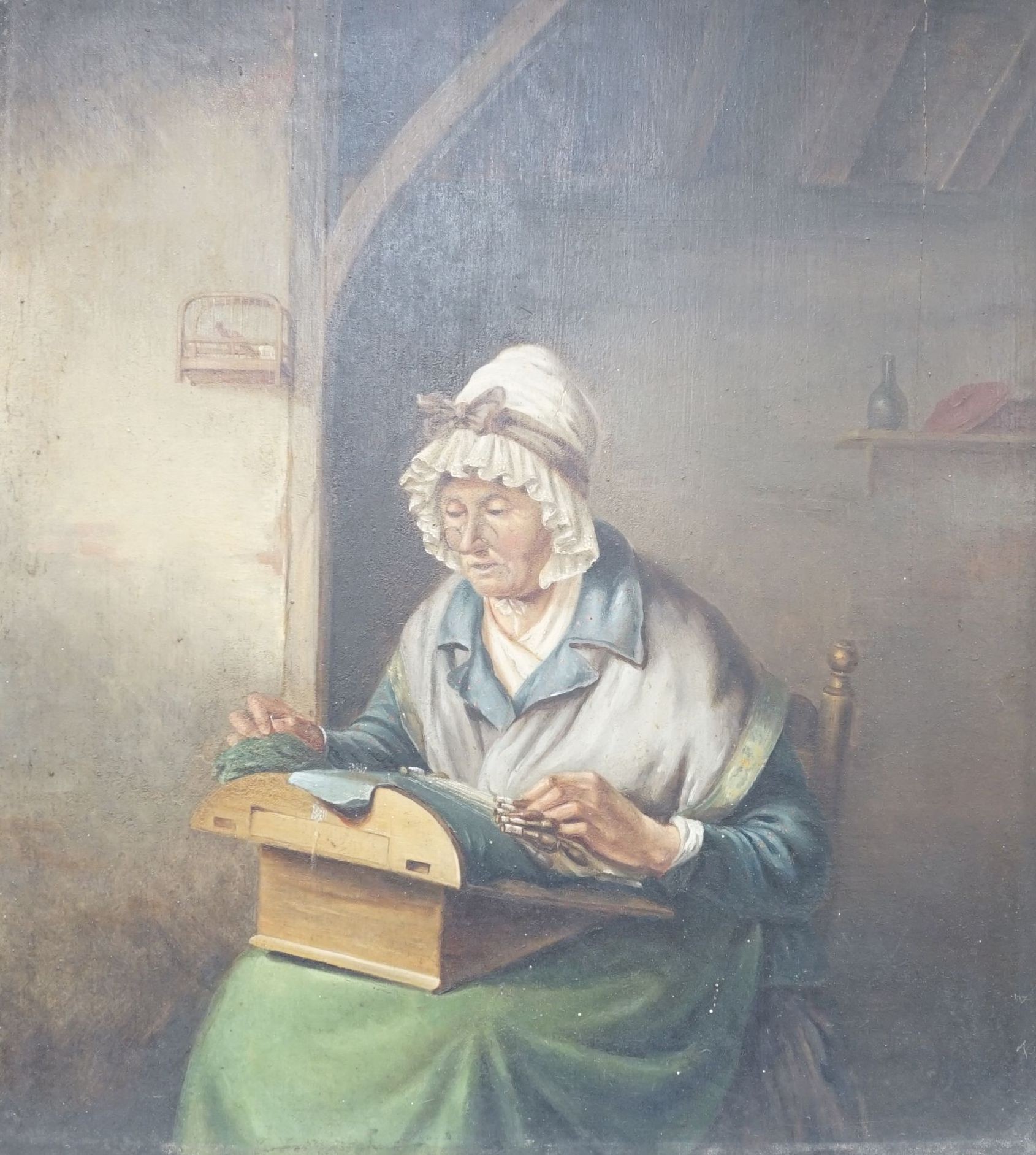 19th century Flemish School, oil on wooden panel, 'The Lacemaker', 30 x 28cm